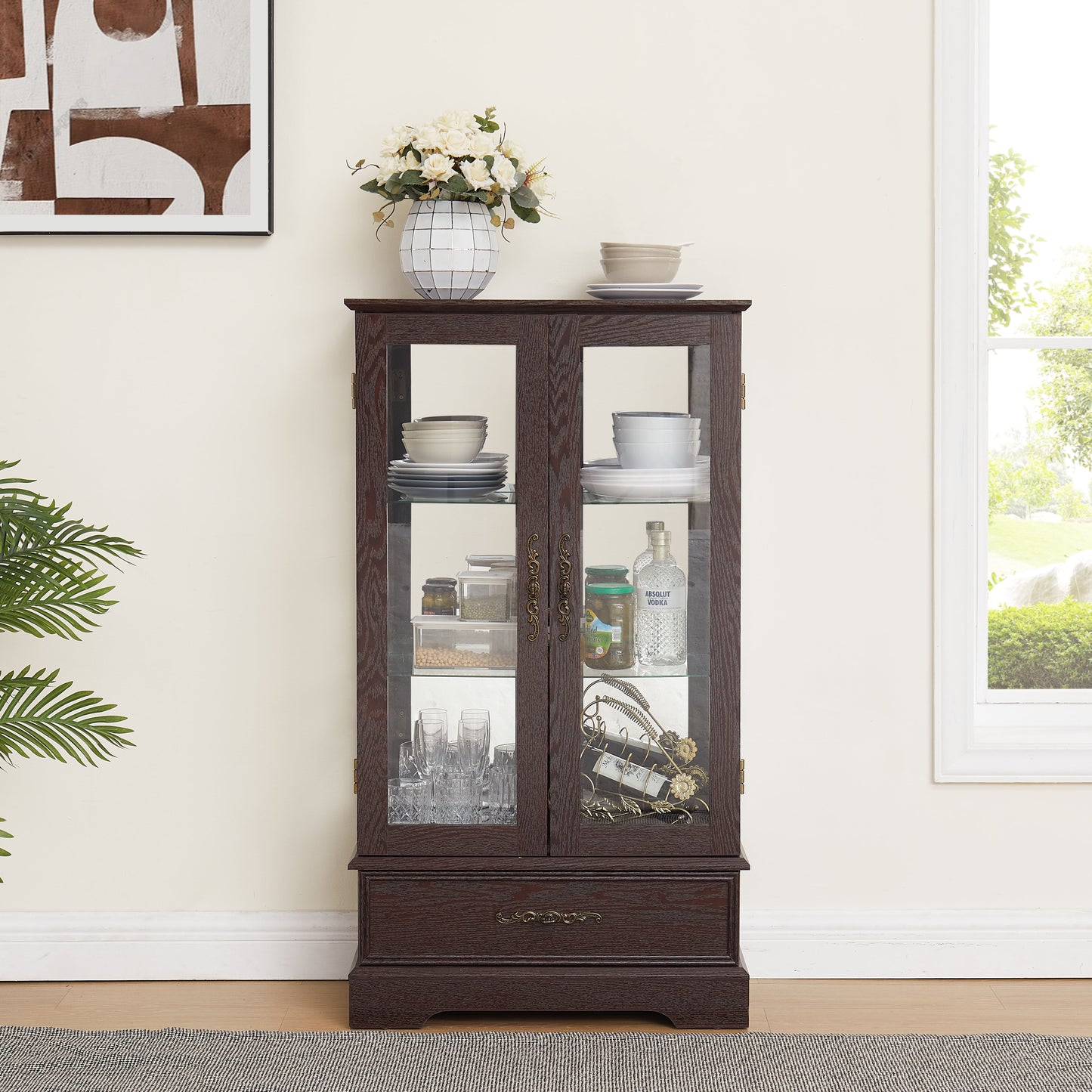 Light colored glass cabinet with adjustable glass frame Curio display cabinet, 2 doors and 1 drawer light bulb cherry color eprolo