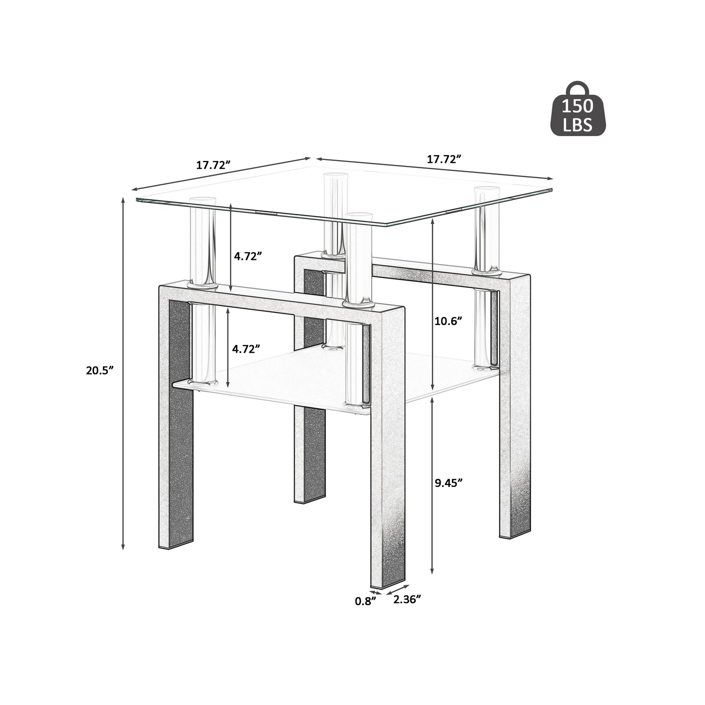 Set of 2, Modern Tempered Glass Tea Table Coffee Table End Table, Square Table for Living Room, Transparent/Black eprolo
