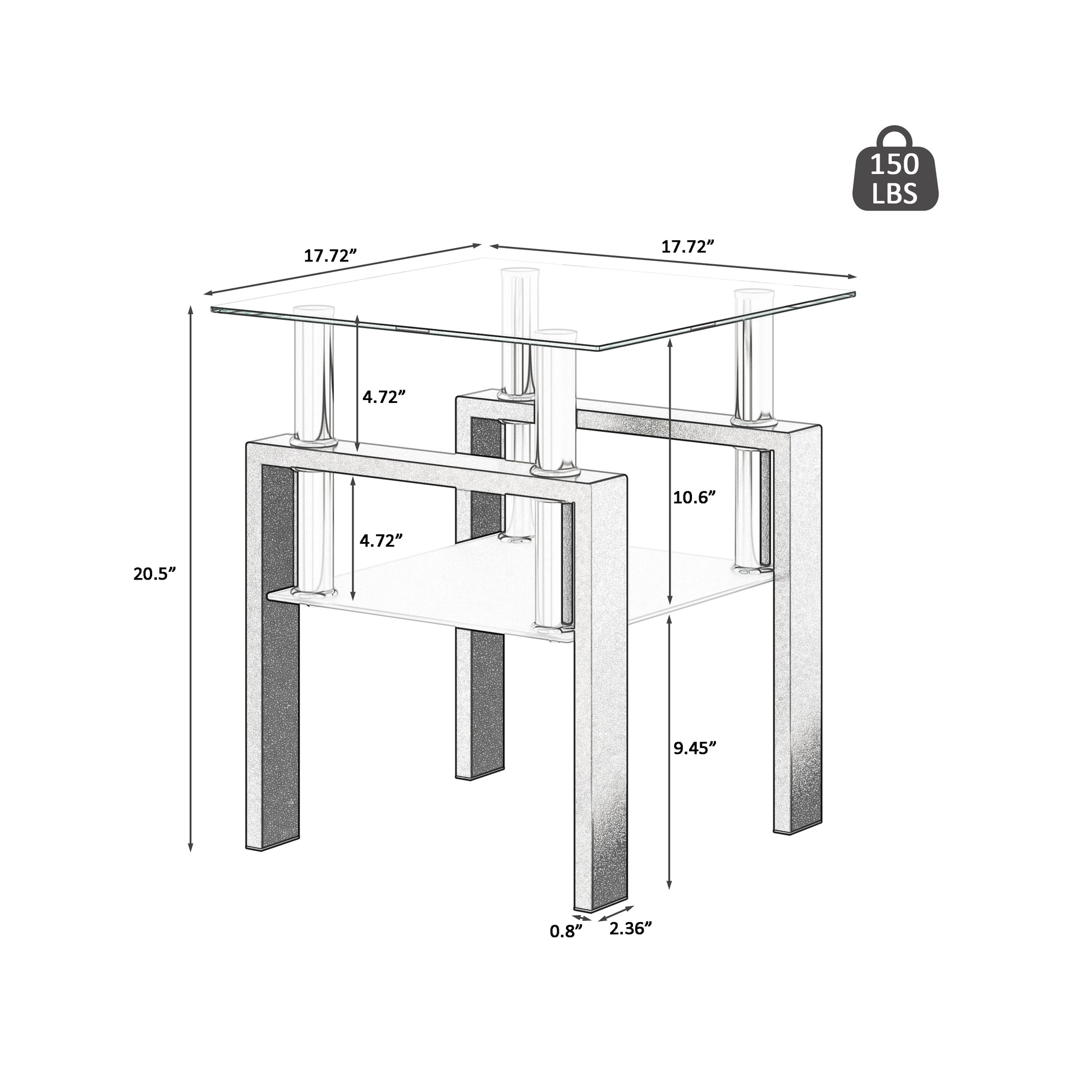 Set of 2, Modern Tempered Glass Tea Table Coffee Table End Table, Square Table for Living Room, Transparent/Black eprolo