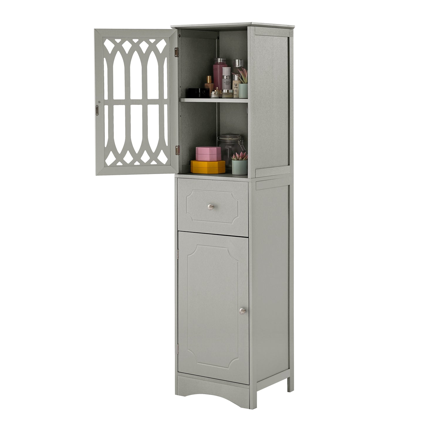 Tall Bathroom Cabinet, Freestanding Storage Cabinet with Drawer and Doors, MDF Board, Acrylic Door, Adjustable Shelf, Grey eprolo