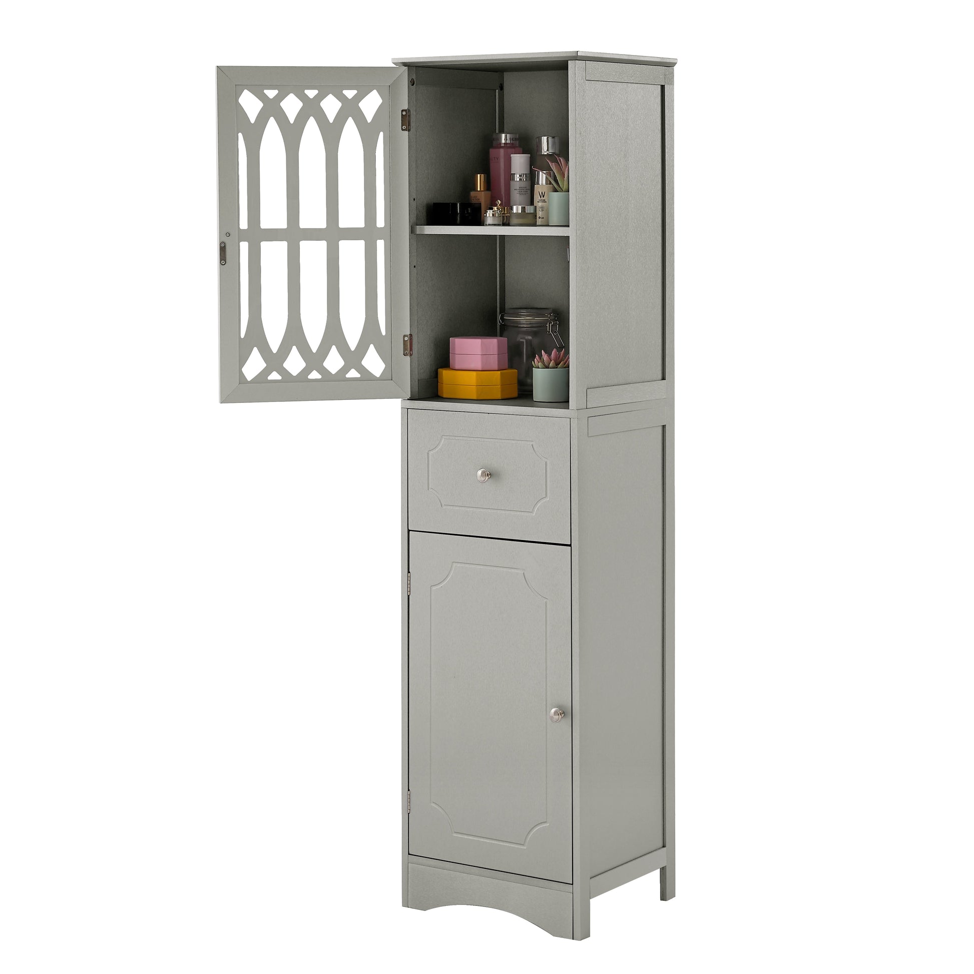 Tall Bathroom Cabinet, Freestanding Storage Cabinet with Drawer and Doors, MDF Board, Acrylic Door, Adjustable Shelf, Grey eprolo