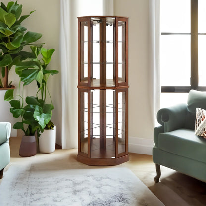 6 shelves corner Curio display cabinet with light mirror and adjustable shelves, walnut wood (excluding E26 light bulbs) - Shello's Creative Boutique