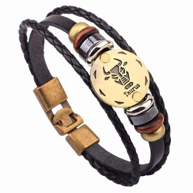 12 Horoscope Leather Bracelet Men Jewelry Vintage Retro Charm Bracelet Male Jewelry 8.2 eprolo