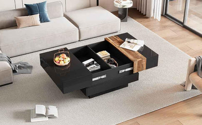 Modern High Gloss Coffee Table - 80cm Square with Sliding Top & Hidden Storage (Black) - Shello's Creative Boutique