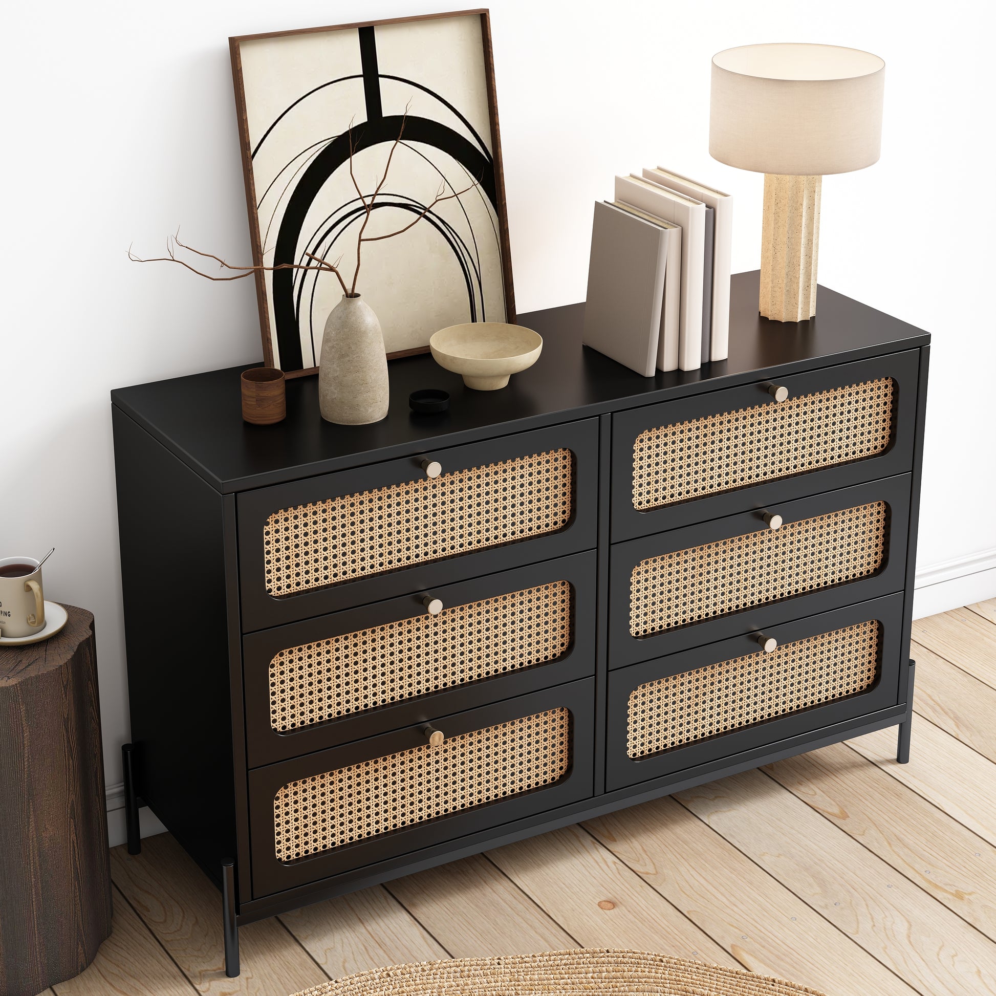 Modern hemp vine wood closet with 6 drawers, dressing table, wooden storage cabinet side panel, black eprolo