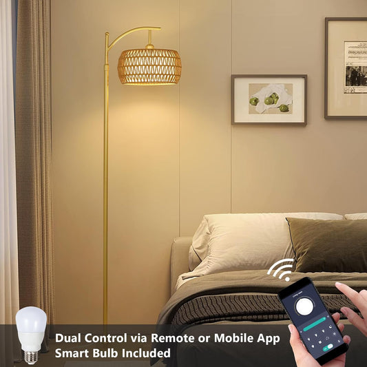 Arc Floor Lamp with 3 Color Temperatures, LED Gold Floor Lamp with Remote & Stepless Dimmable Bulb, Boho Standing Lamp eprolo