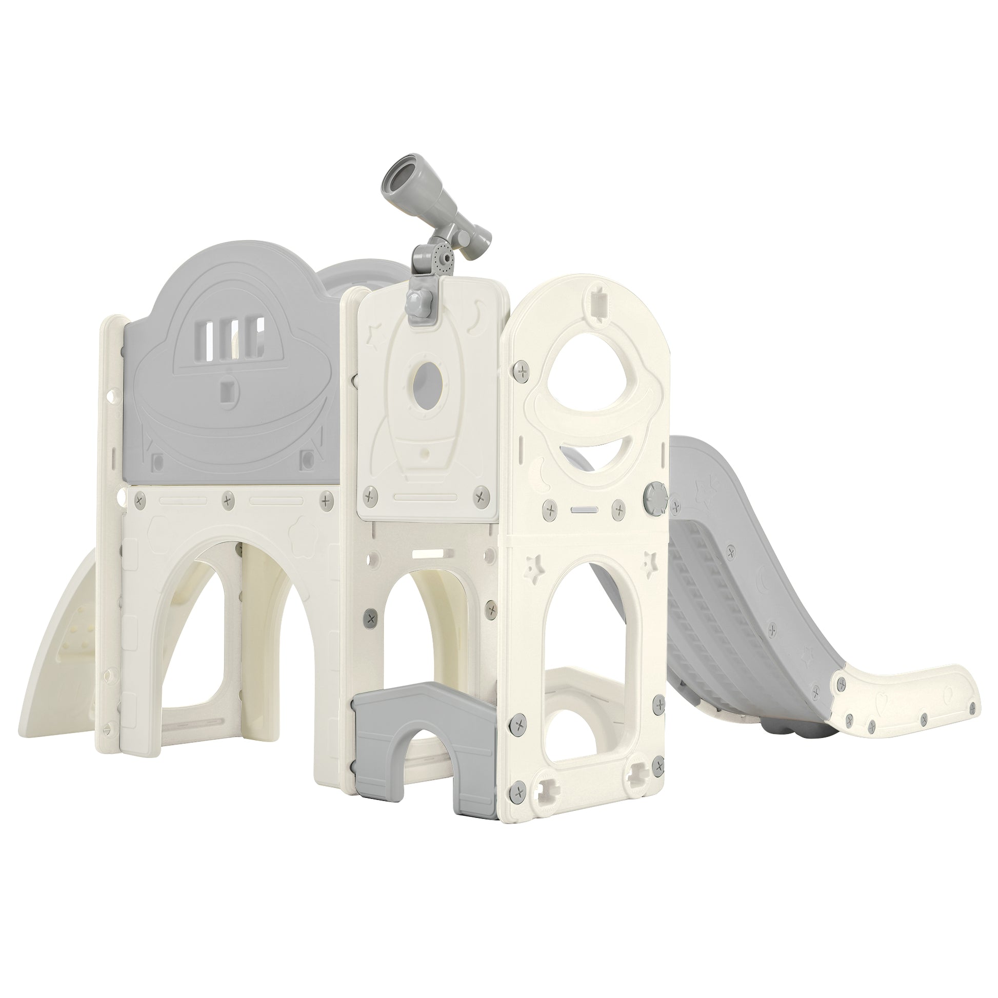 Kids Slide Playset Structure 7 in 1, Freestanding Spaceship Set with Slide, Arch Tunnel Grey+White + HDPE eprolo