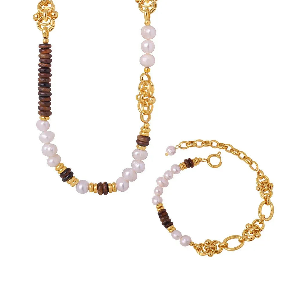 18k gold light luxury retro tiger eye stone with pearl beading design palace style necklace and bracelet set - Shello's Creative Boutique