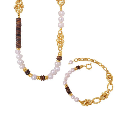 18k gold light luxury retro tiger eye stone with pearl beading design palace style necklace and bracelet set - Shello's Creative Boutique