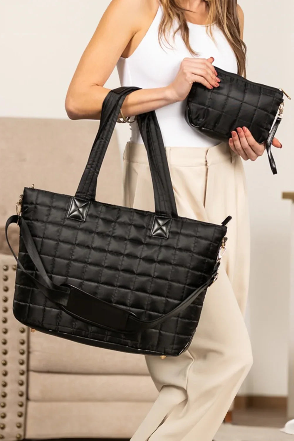 Camel Quilted Patchwork Large Tote Bag and Clutch 2pcs Set - Shello's Creative Boutique
