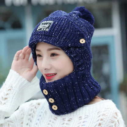 Knitted Ear Protection Hat New Wool Plush Hat Windproof Warm Hat Mask Neck Scarf Integrated Hat - Shello's Creative Boutique