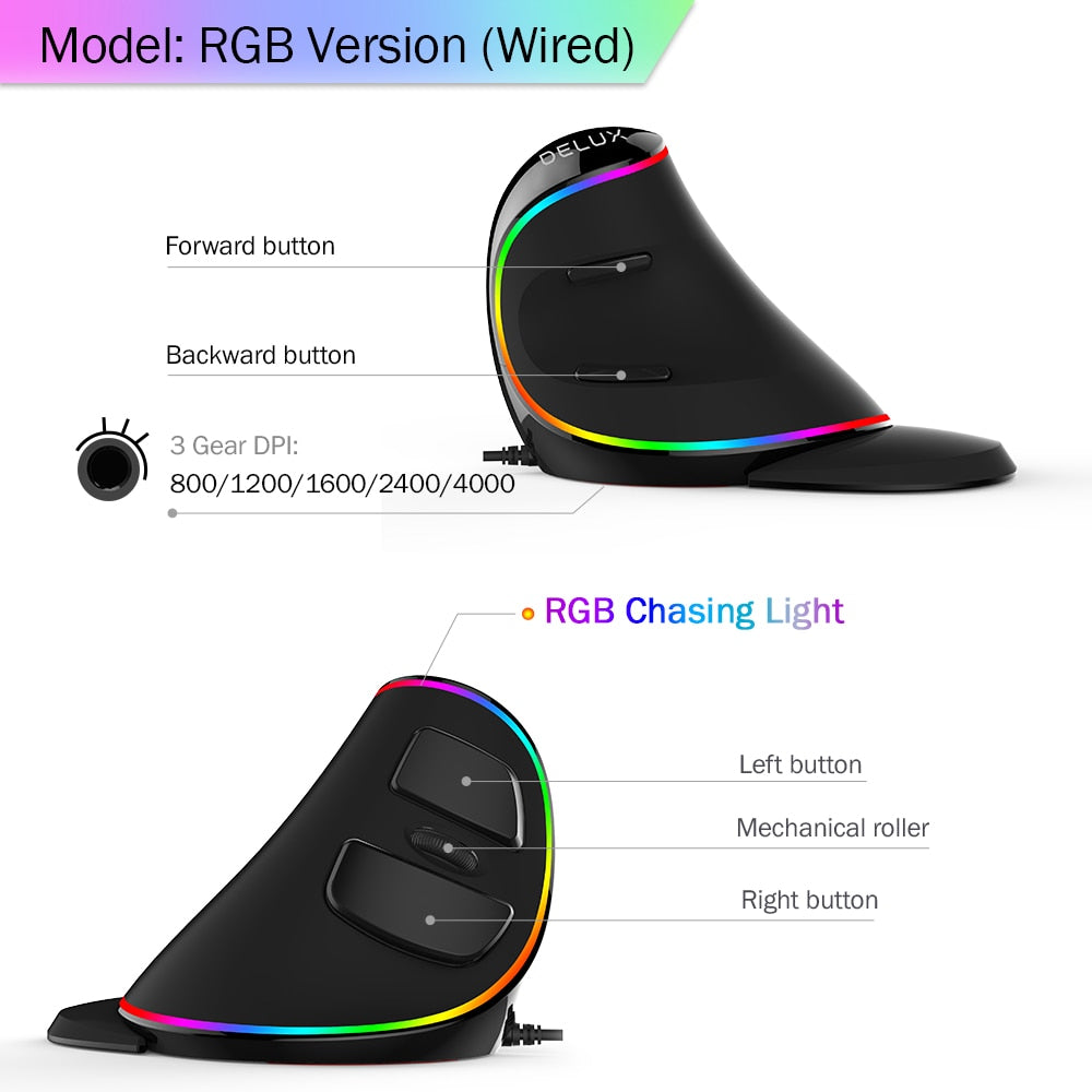 Delux M618 PLUS Ergonomics Vertical Gaming Mouse 6 Buttons 4000 DPI RGB Wired/Wireless