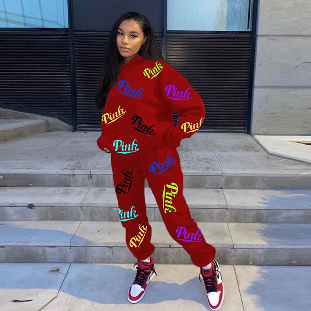 Fall Winter Tracksuits Two Piece Set Women Pink Letter Print Sport Casual Outfits Zip Sweatshirt Top+Pants Set Women Sweat Suits eprolo