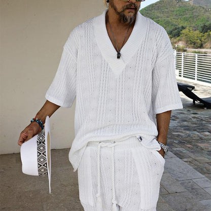 Summer Casual Shorts Set Knitted Two Piece Men's Clothing V-Neck Short Sleeve T-shirt and Shorts Streetwear Knit Outfits - Shello's Creative Boutique