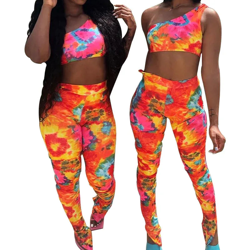 Sexy Ladies Fashion Print One Shoulder Sleeveless Vest Tights Set Two Piece Set - Shello's Creative Boutique