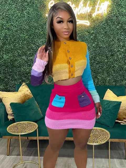 Knit Elastic Women 2 Piece Set Skinny Colorful Button Sweater+Pocket Skirts Casual Streetwear Matching Autumn Suits - Shello's Creative Boutique