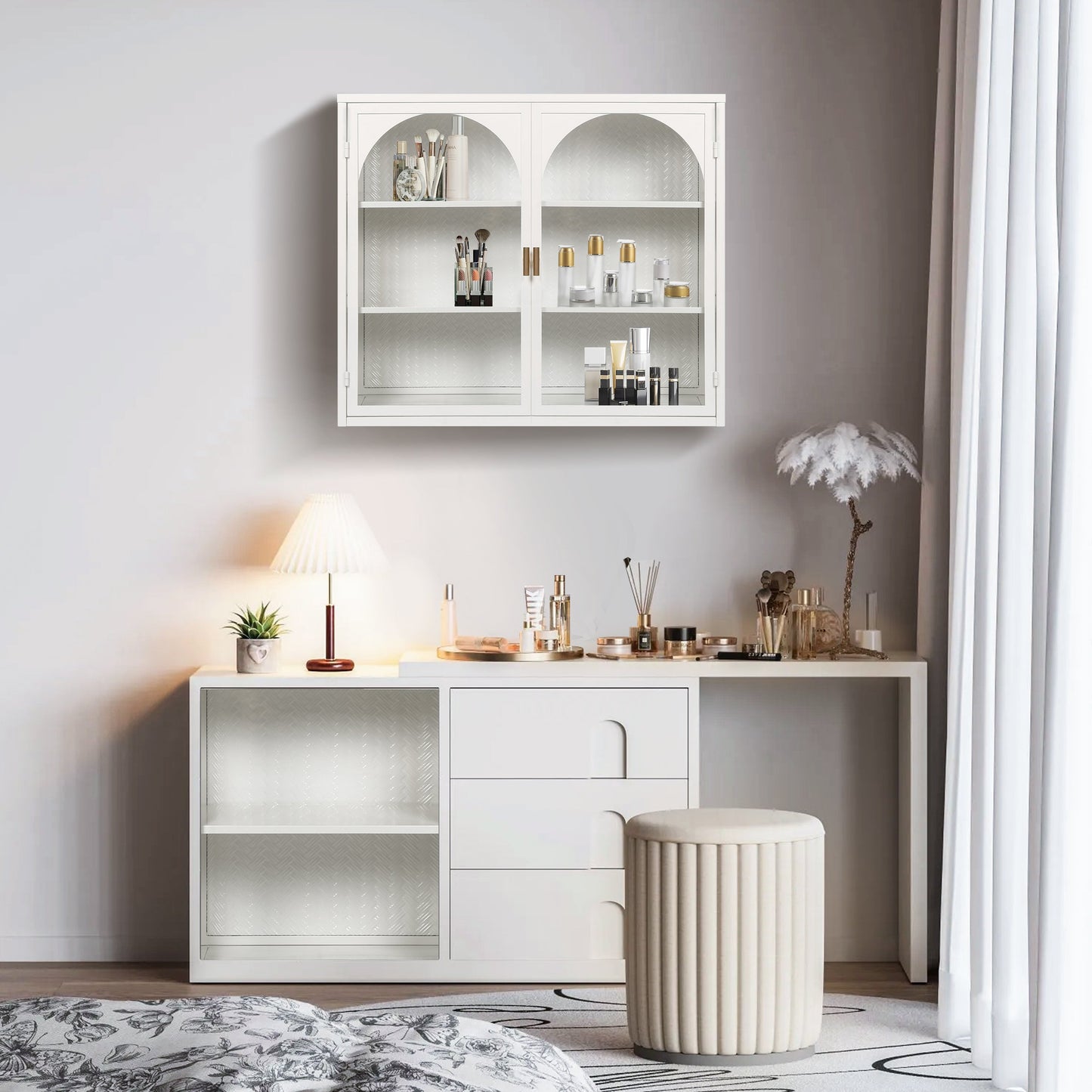 27.56"Glass Doors Modern Two-door Wall Cabinet with Featuring Three-tier Storage White eprolo