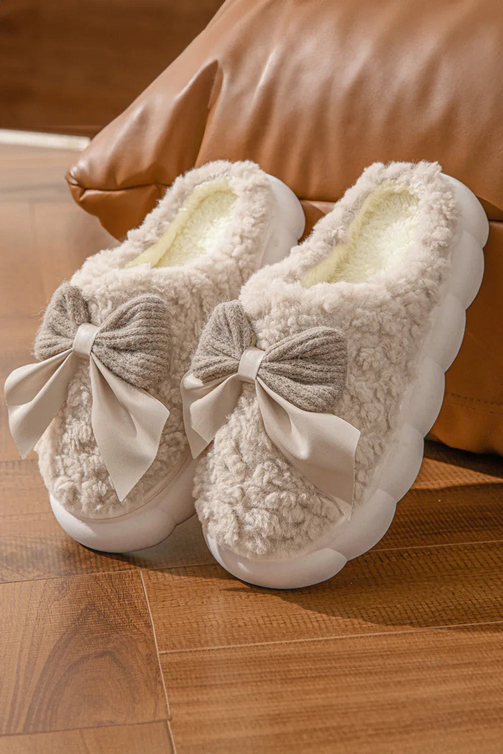 White Contrast Bowknot Applique Plush Winter Slippers - Shello's Creative Boutique
