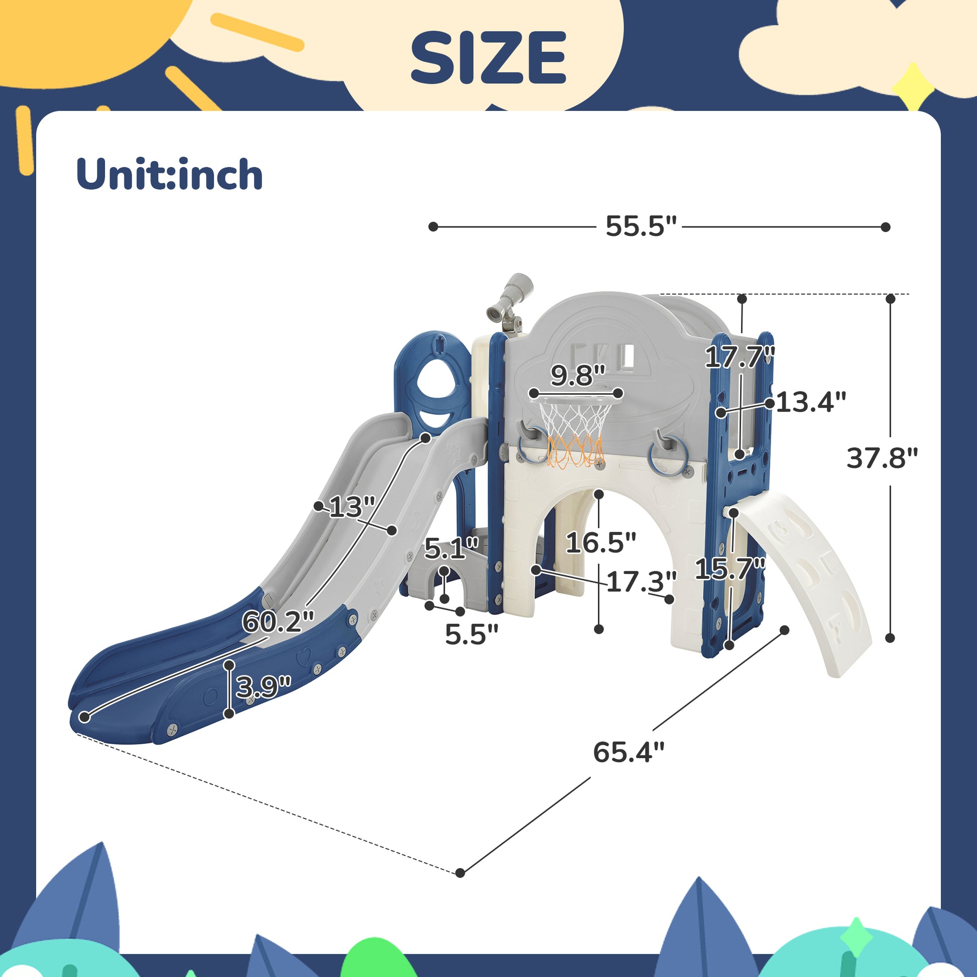 Kids Slide Playset Structure 7 in 1, Freestanding Spaceship Set with Slide, Arch Tunnel Blue+Grey + HDPE eprolo
