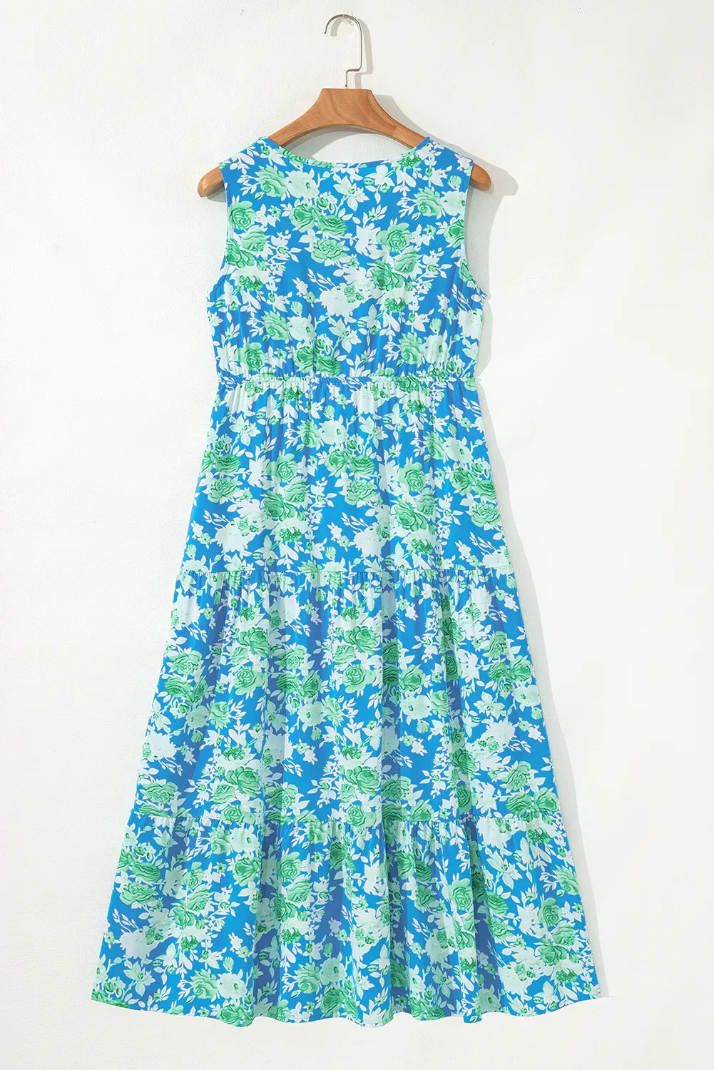 Sky Blue Floral Print Trimmed V Neck Sleeveless Vacation Dress - Shello's Creative Boutique