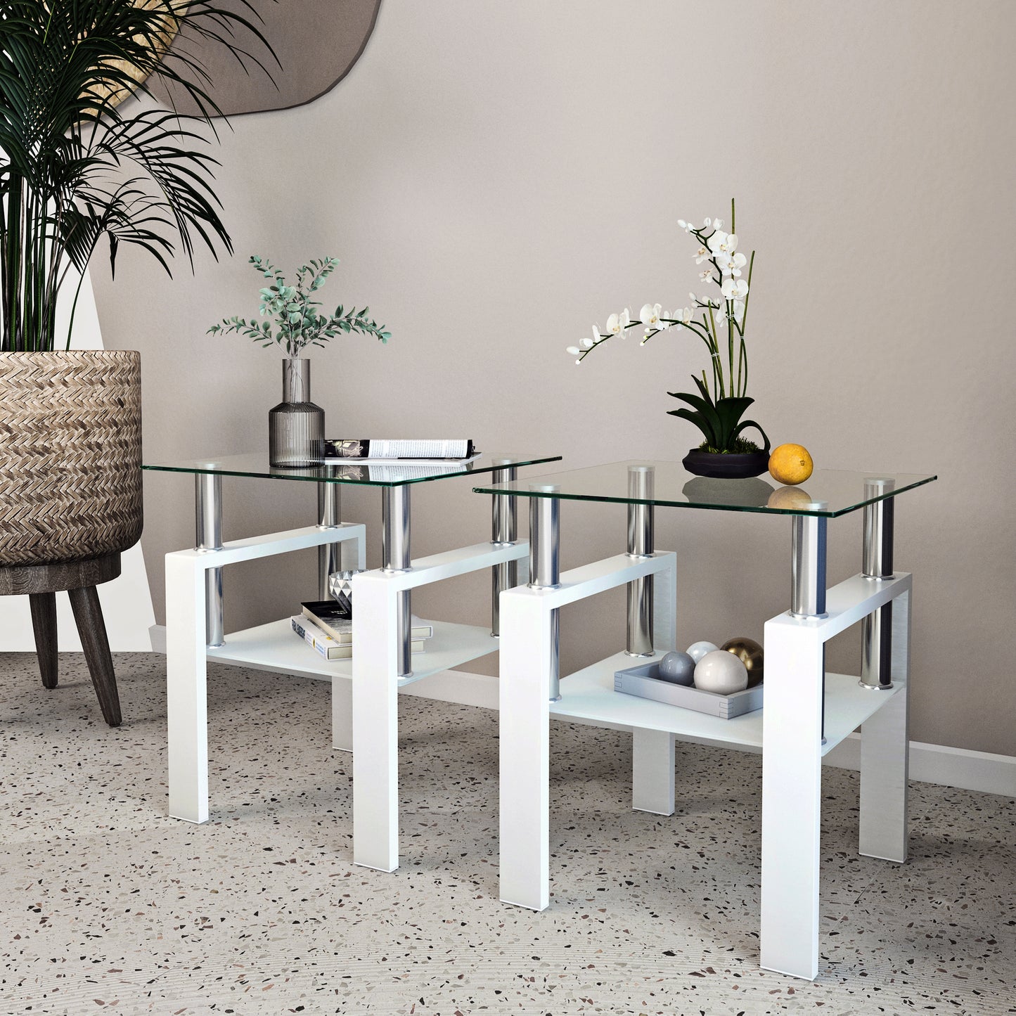 Set of 2, Modern Tempered Glass Tea Table Coffee Table End Table, Square Table for Living Room, Transparent/White eprolo