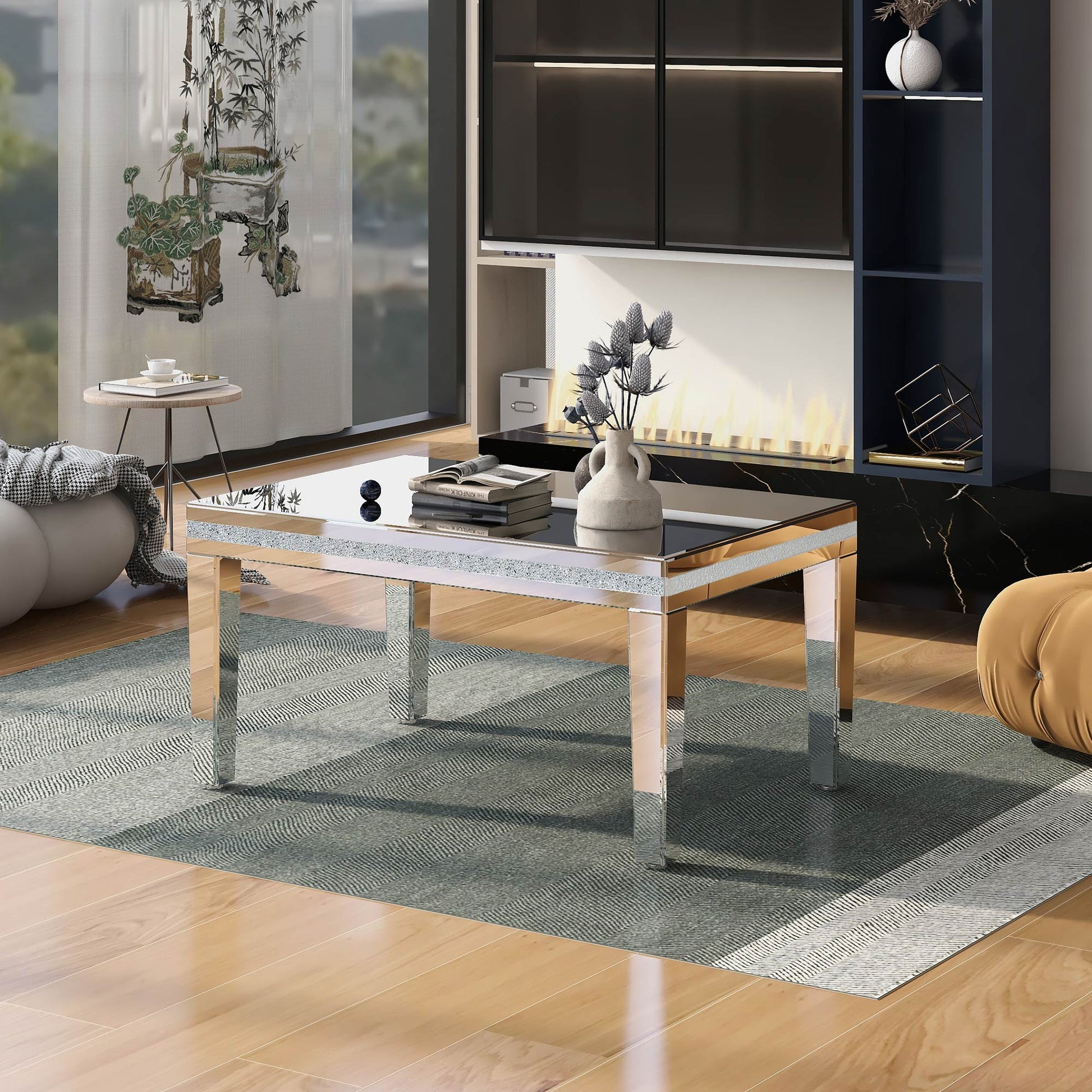 The ON-TRANS stylish modern glass mirrored coffee table features a crystal design and adjustable height legs in silver eprolo