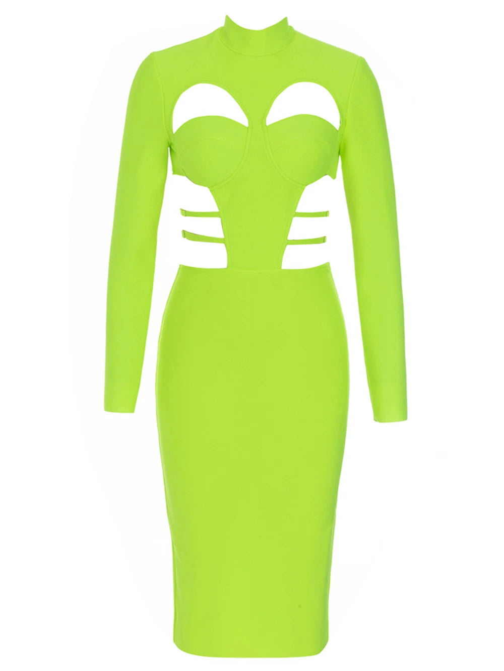 New Fluorescent Green Sexy Hollow Out Bodycon Design  Bandage Dress Women'S Long Sleeve Fashion Club Party Vesidos eprolo