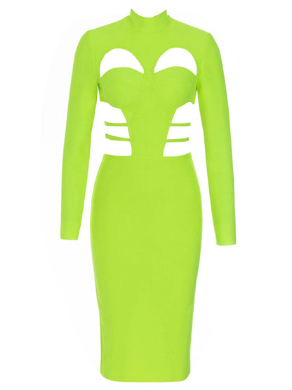 New Fluorescent Green Sexy Hollow Out Bodycon Design  Bandage Dress Women'S Long Sleeve Fashion Club Party Vesidos eprolo