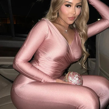 Autumn Solid Casual Two Piece Set Women Sexy Wrapped V Neck Off Shoulder Gloves Long Sleeve Crop Top Slim Split Pants Suits - Shello's Creative Boutique