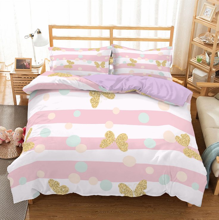 3D digital printing three piece princess bed stripe butterfly quilt cover pillow case eprolo