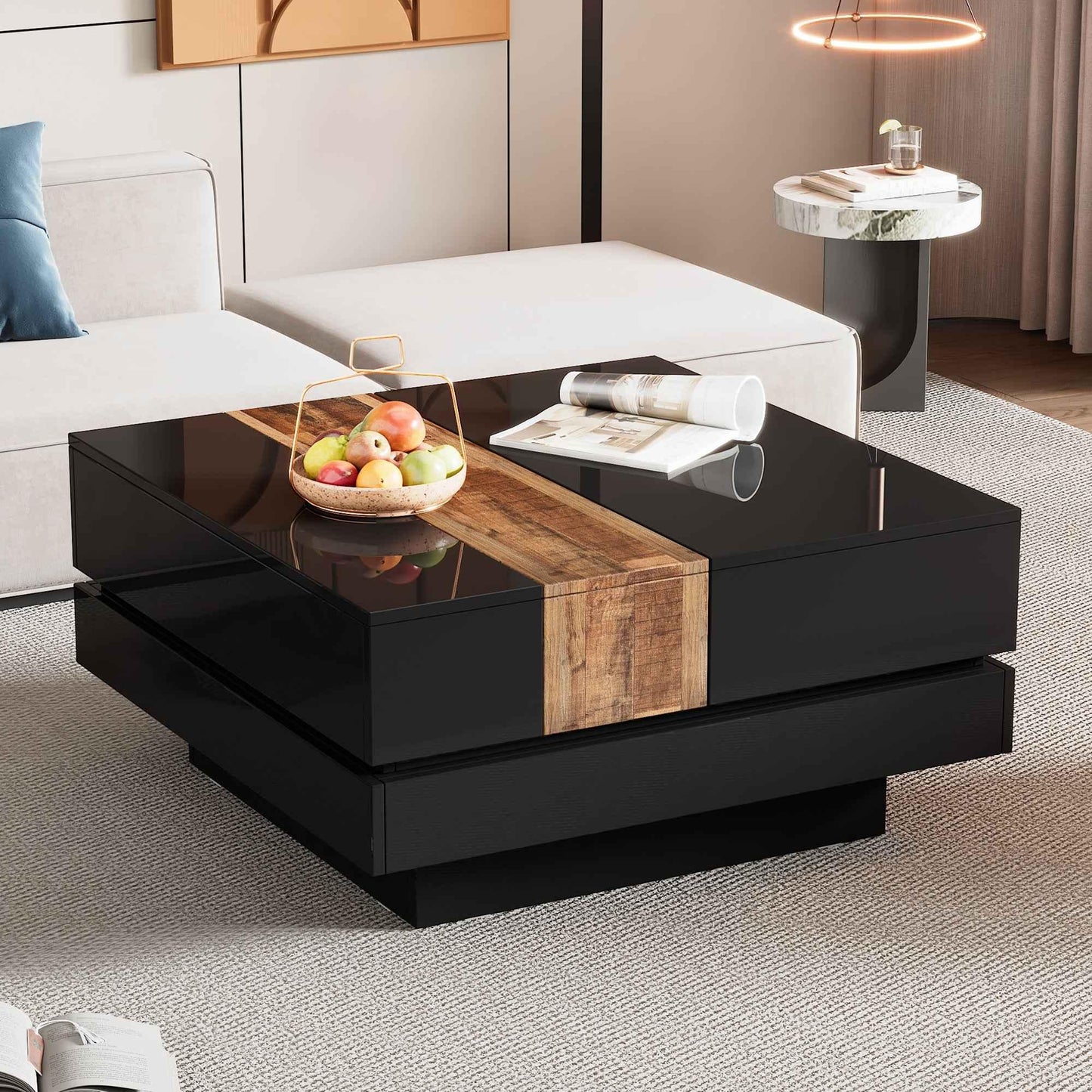 Modern High Gloss Coffee Table - 80cm Square with Sliding Top & Hidden Storage (Black) - Shello's Creative Boutique