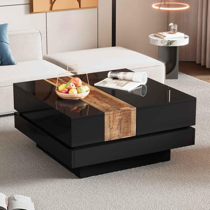Modern High Gloss Coffee Table - 80cm Square with Sliding Top & Hidden Storage (Black) - Shello's Creative Boutique
