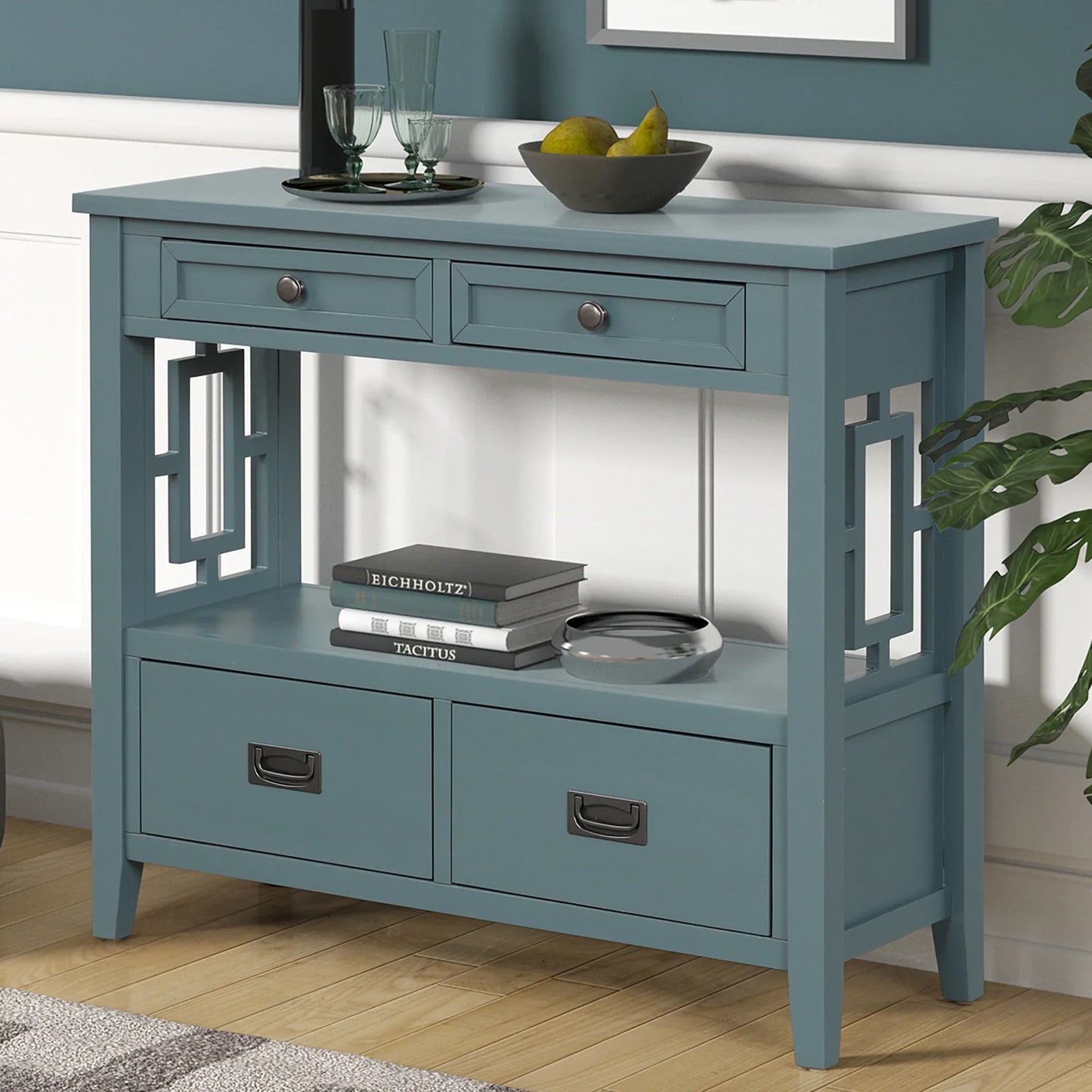 Farmhouse Pine Console Table - 36" Entry Table with 4 Drawers & Storage Shelf in Blue - Shello's Creative Boutique