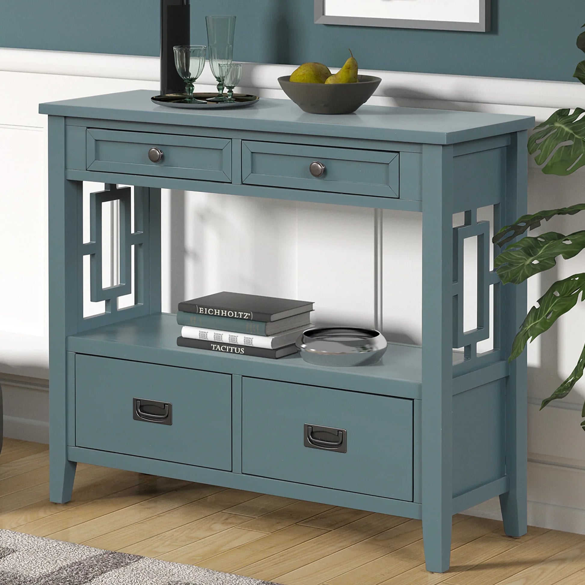 Farmhouse Pine Console Table - 36" Entry Table with 4 Drawers & Storage Shelf in Blue - Shello's Creative Boutique