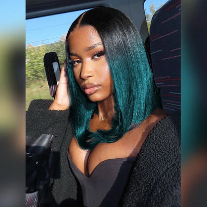 Green Ombre Bob Wig Human Hair - 4x4 Lace Closure Short Straight - Shello's Creative Boutique