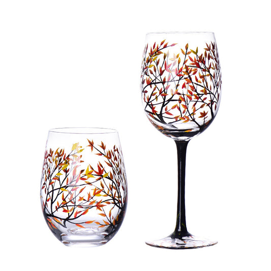 Light luxury ins crystal glass wine glass hand-painted household goblet four seasons painted wine glass eprolo
