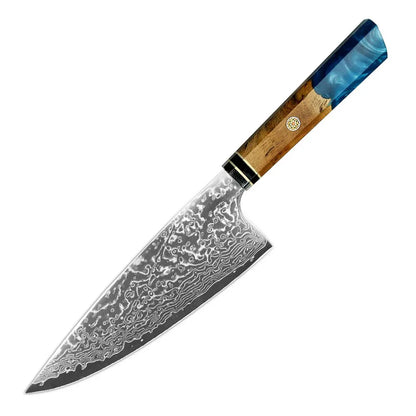 Amberknife 8-Inch Kiritsuke Knife – 67 Layers VG10 Damascus Steel with Stabilized Wood Handle - Shello's Creative Boutique