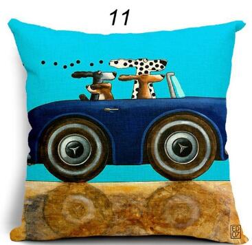 Pillow Lovely Cartoon Dog Driving Car Vintage Almofadas 45X45CM Linen Pillow Decorative Linen Cushion Cover Shello Creative Boutique