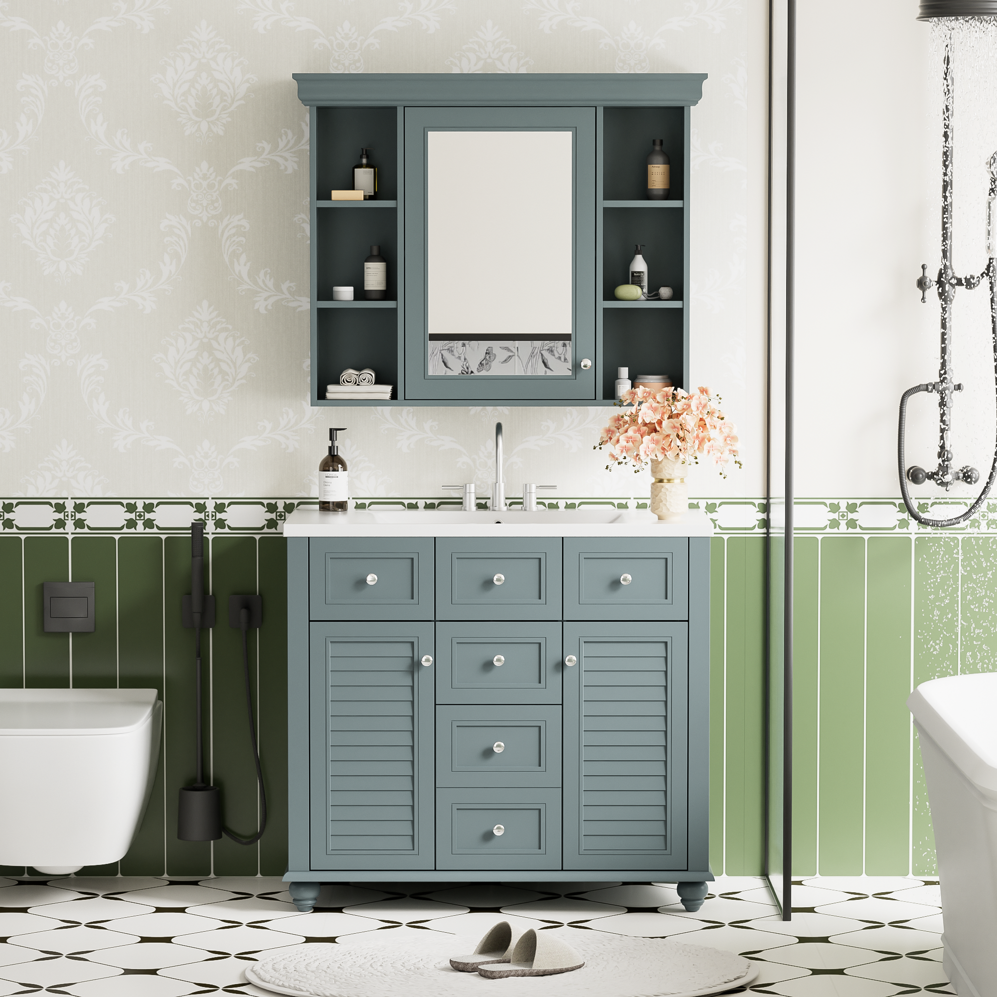 36 inch modern mirror cabinet with adjustable shelves, 2 soft closing doors, and 6 drawer storage cabinet door organizers eprolo