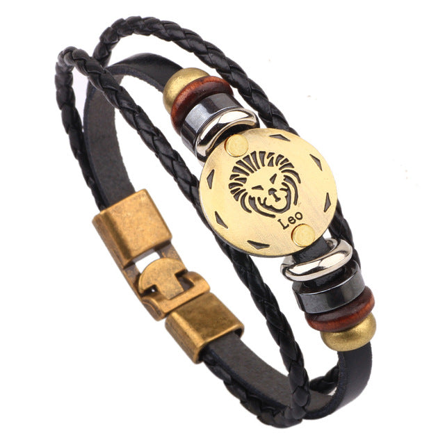 12 Horoscope Leather Bracelet Men Jewelry Vintage Retro Charm Bracelet Male Jewelry 8.2 eprolo