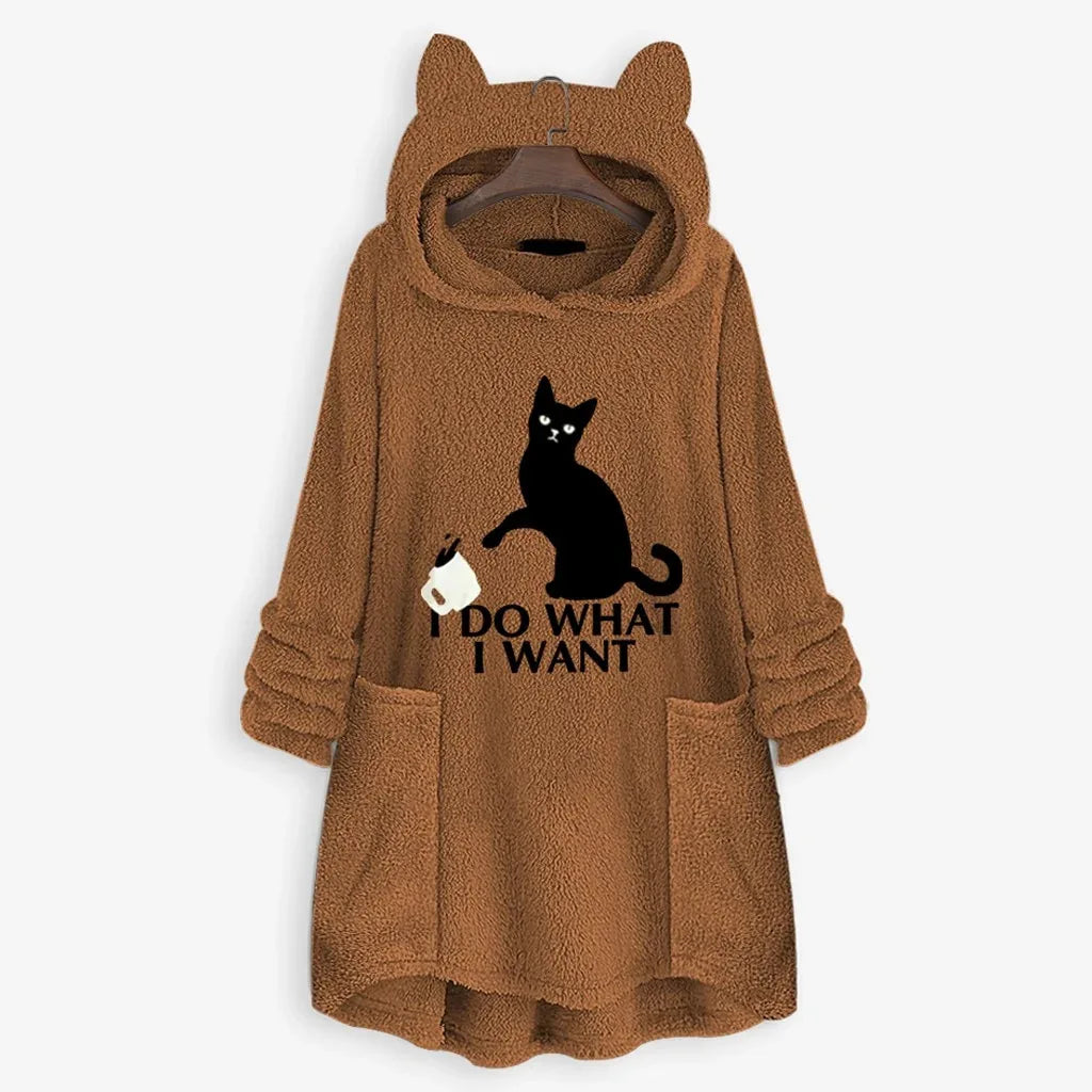 Womail Hoodie Sweatshirt Womens winter Fleece Cat Ear Long Pocket loose Casual Hooded Feminine Oversize Sweatshirt Plus Size - Shello's Creative Boutique