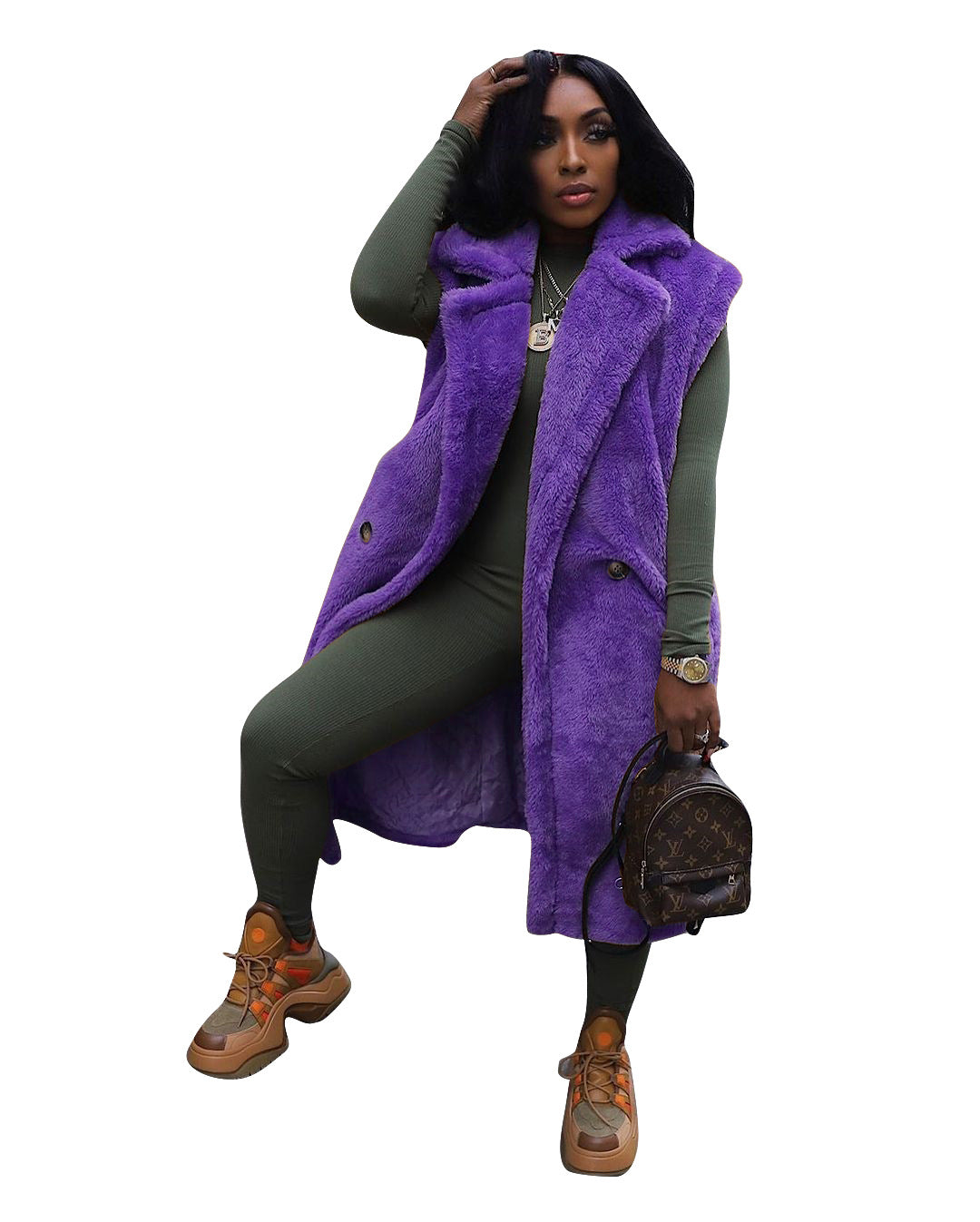 New women's casual solid color plush sleeveless long cardigan jacket eprolo