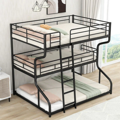 Full XL over Twin XL over Queen Size Triple Bunk Bed with Long and Short Ladder - Shello's Creative Boutique