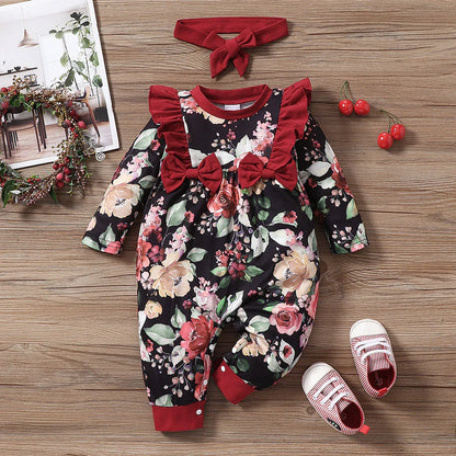 Infant Children's Long-Sleeved Lace Bow Flower One-Piece Romper Girl Baby Autumn And Winter Romper - Shello's Creative Boutique