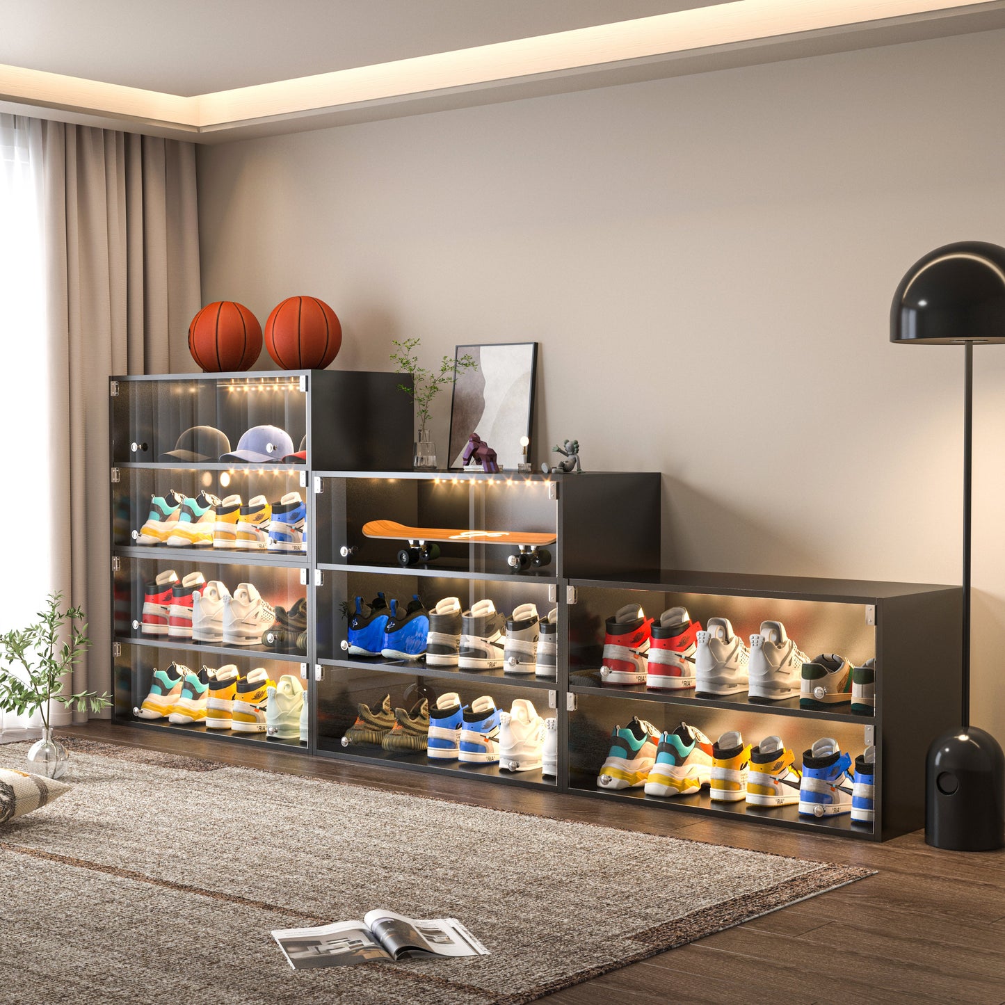 Black Glass Door Shoe Box Shoe Storage Cabinet For Sneakers With RGB Led Light eprolo