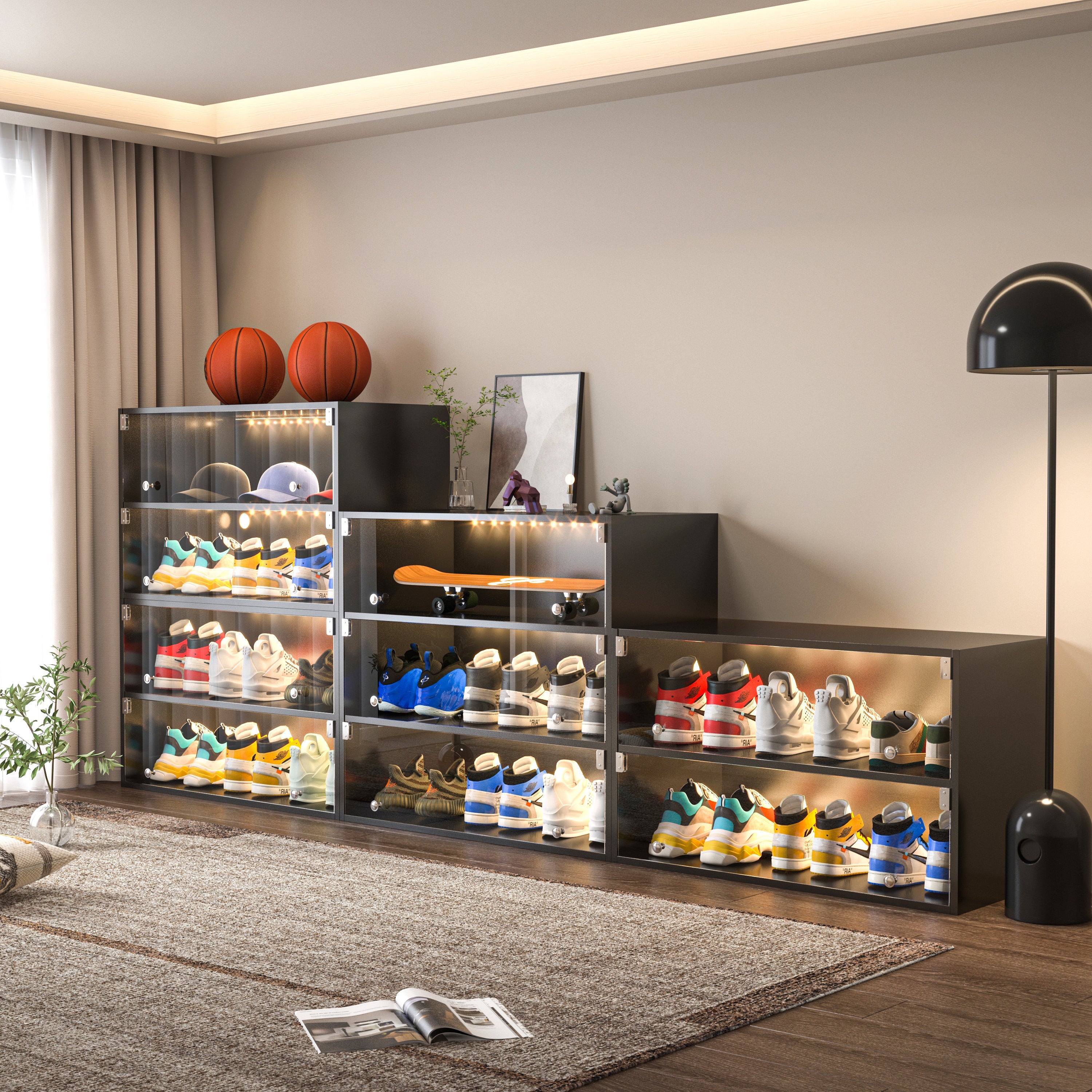 Black Glass Door Shoe Box Shoe Storage Cabinet For Sneakers With RGB Led Light eprolo