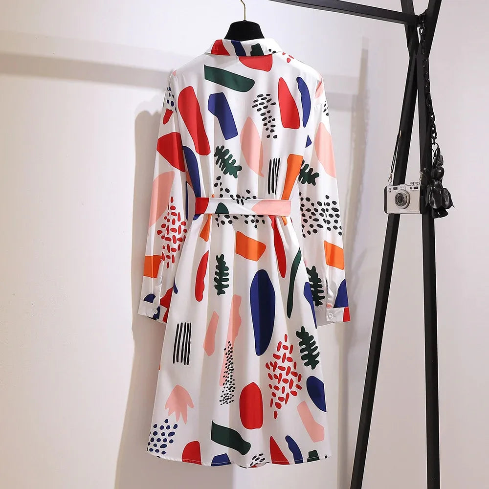 Plus Size Chiffon Dress with Belt - Long Sleeve Printed Dress 2XL-6XL - Shello's Creative Boutique