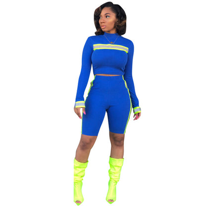 Side Stripe Reflective Set Sexy Two Piece Set Tracksuit Women Crop Top and Biker Shorts Club Outfits Neon Matching Sets eprolo