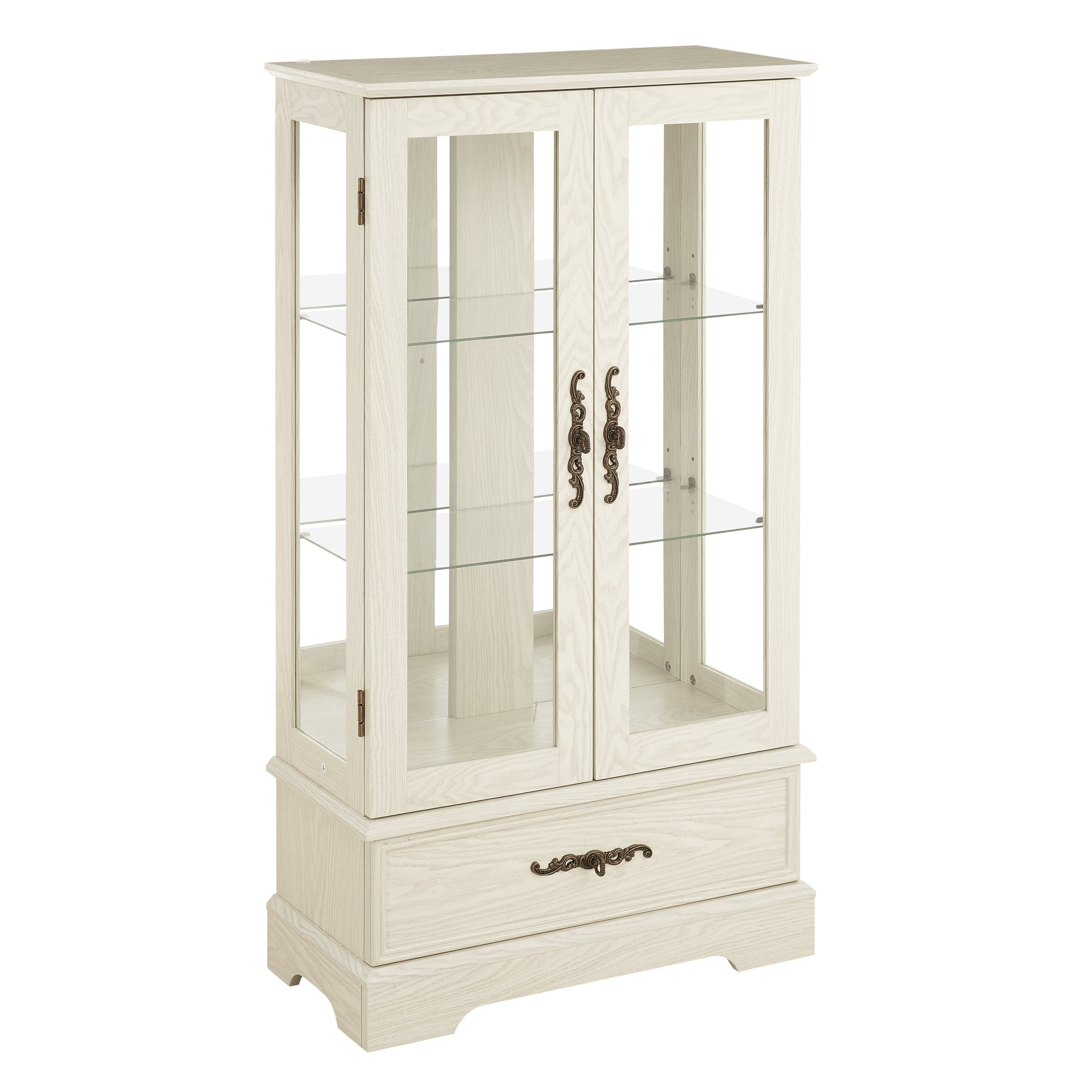Light colored glass cabinet Curio display cabinet with adjustable glass frame, 2 doors and 1 drawer, including white light bulbs eprolo