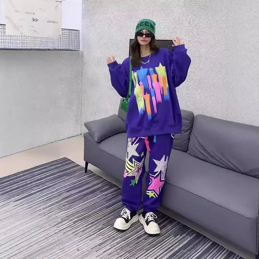 Hoodie women's long and fashionable cartoon graffiti print loose casual round neck autumn outfit set - Shello's Creative Boutique
